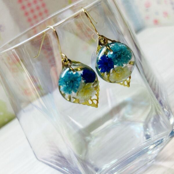 レジン リーフ 葉っぱ ドライフラワー ブルー系 ピアス イヤリング ハンドメイド