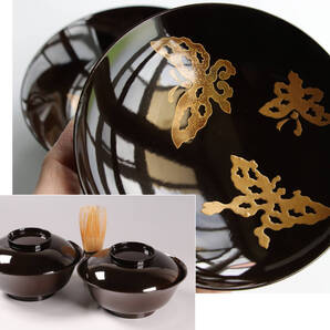 M873 時代木製漆器 輪島塗 蝶金蒔絵 黒塗椀 二客 天然木 梨地 / 茶懐石道具 漆芸 会席 宴席 正月 吸物 煮物 菓子椀 能登 加賀
