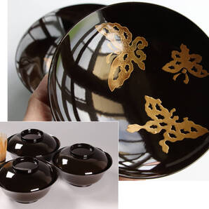 CK75 時代木製漆器 輪島塗 蝶金蒔絵 黒塗椀 三客 天然木 梨地 / 茶懐石道具 漆芸 会席 宴席 正月 吸物 煮物 菓子椀 能登 加賀