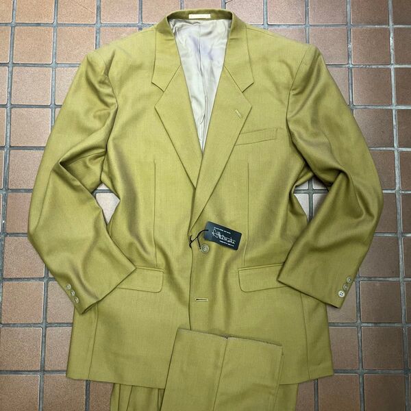 新品☆特大【サイズAB6.7相当★ライムカラー】2Bシングルスーツ メンズスーツ 総裏 ノーベンツ 2タック セットアップ