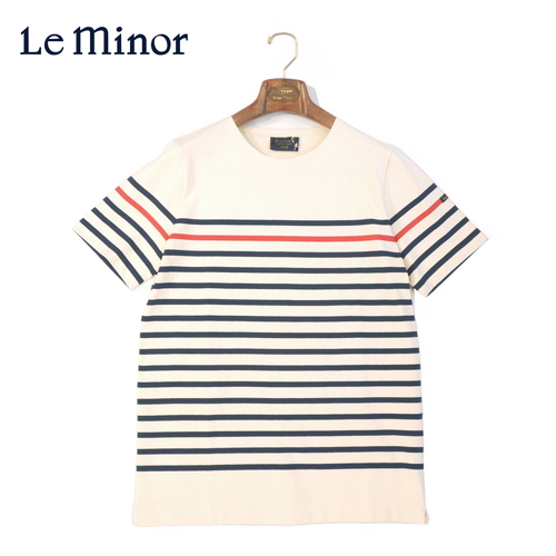 【40%OFF・新品・3(L)】Le minor(ル ミノア)コットンボーダー 半袖クルーネックカットソー オフホワイト 61147H-D69