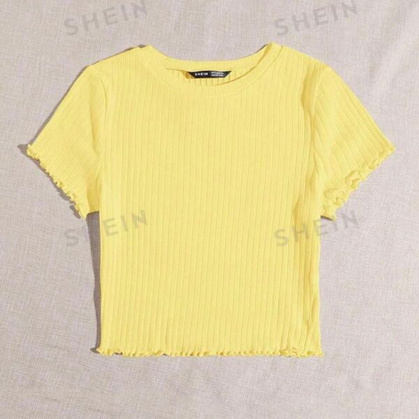SHEIN ソリッドレタストリム リブニットTシャツ イエロー