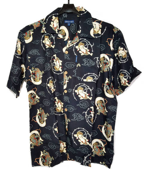 新品 CRAZY BOY アロハシャツ 風神雷神 濃紺 LL(XL)サイズ レーヨン100% 半袖 和柄 タグ付き