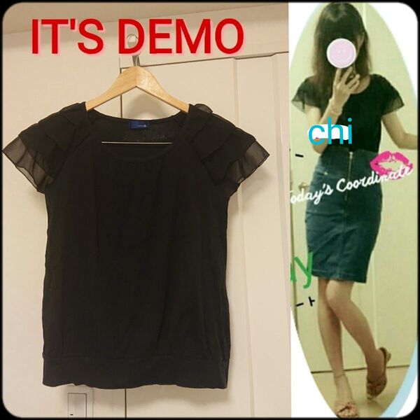 IT'S DEMO 袖 フリル オーガンジー チュール カットソー 黒 ブラック フリルスリーブ 半袖 カットソー Tシャツ