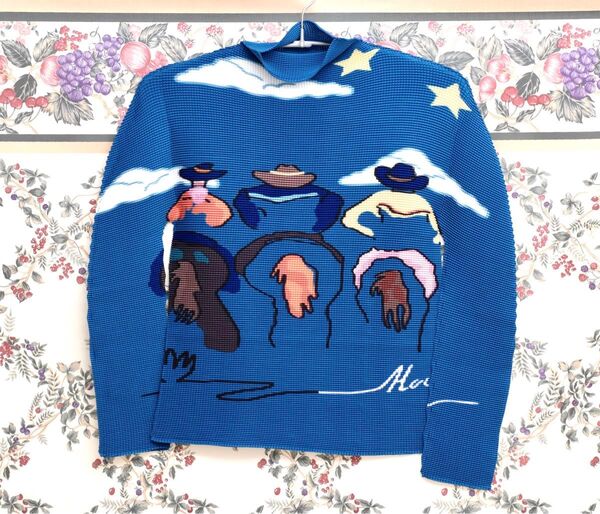 プリーツ ヴィンテージ vintage 古着 カラフル tシャツ 長袖 トップス レトロ 総柄 カウボーイ 星 雲 ブルー