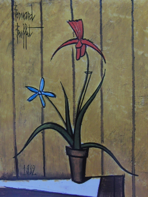 Bernard-Buffet, [Orchidee und blaue Blumen], seltene Kunstbuchgemälde, Guter Zustand, französischer Meister, Person, Landschaft, Brandneu, hochwertig gerahmt, Kostenloser Versand, Malerei, Ölgemälde, Natur, Landschaftsmalerei