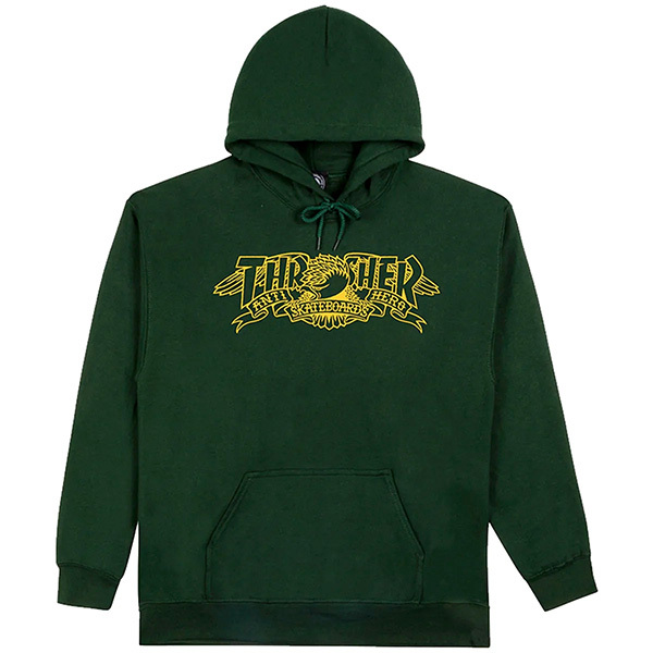 THRASHER x ANTIHERO (スラッシャー x アンチヒーロー) パーカー プルオーバー Mag Banner Hoodie Forest Green スケボー SKATE