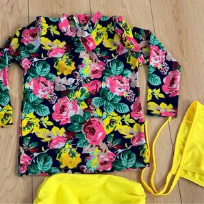 花柄 フリル キッズ セパレート水着 ラッシュガード 110 帽子付き 上のみ スイムウェア 子供用