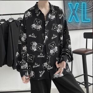 【人気商品】ブラック シャツ ワイシャツ くま 地雷 トップス 長袖 メンズ