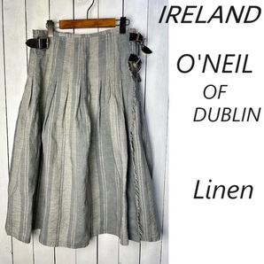 O'NEIL OF DUBLIN リネン100% 薄手 サマーキルトスカート S M~L 薄グレー アイルランド製 ロング丈 カントリー 巻き ラップ 春夏秋 ●362