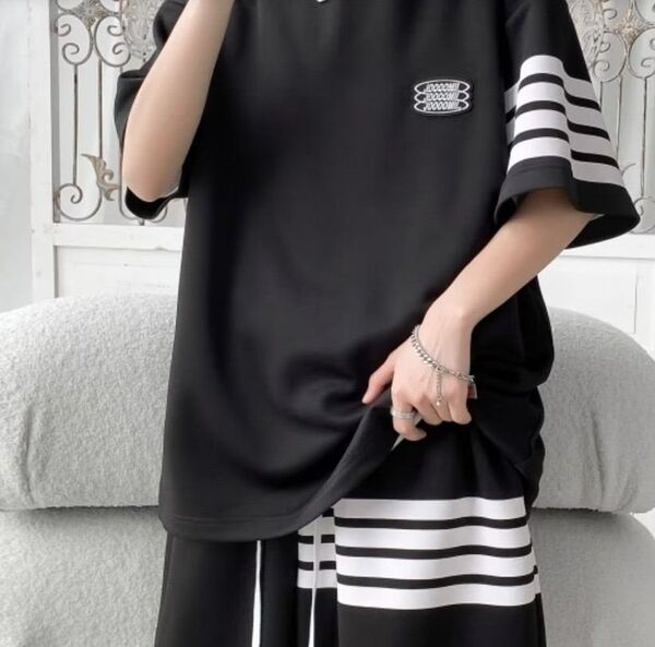メンズ Tシャツ 半ズボン 半袖セット スポーツ カジュアル 2XL ブラック