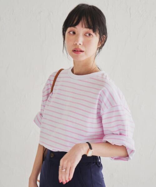 コーエン ボーダーボックス8分袖Tシャツ カットソー プルオーバー ボーダー ピンク L
