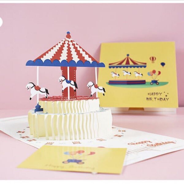 お誕生日カード ポップアップ 立体ケーキ メリーゴーランド メッセージカード付