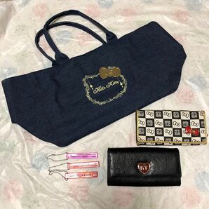 ハローキティー6点一括処分 トートバッグ23×40×18(マチ) 黒財布 和柄財布 アクリルキーホルダー赤2本ピンク一本