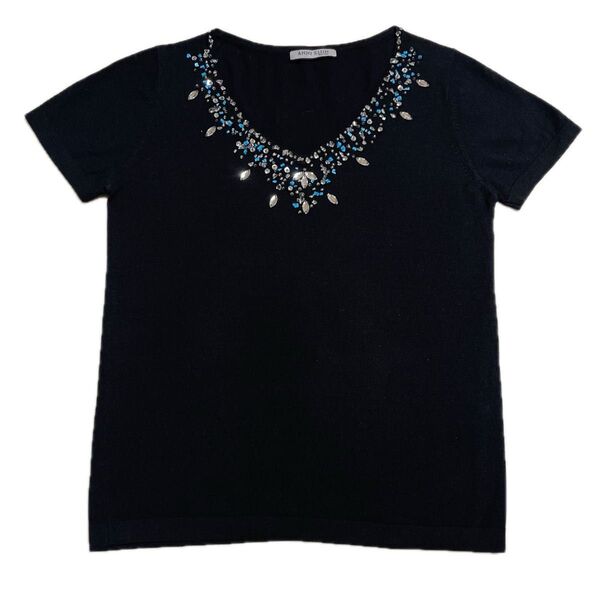美品 アンクライン ANNE KLEIN シルク100% ビジュー ニット 絹 SILK 100% 黒 M