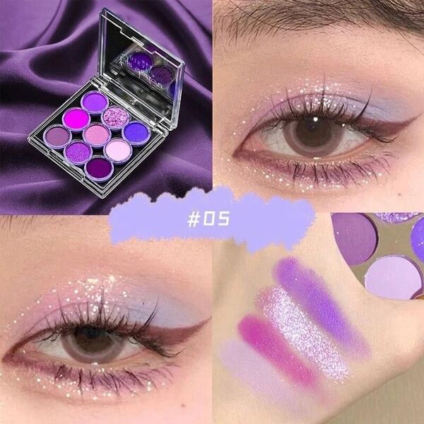光沢アイシャドウパレット9色,05 Purple,パープル,紫色,マット,ラメ