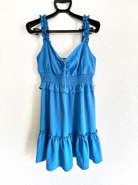 新品 アメリカ購入 インポート ワンピース ティアード フリル ブルー Lサイズ