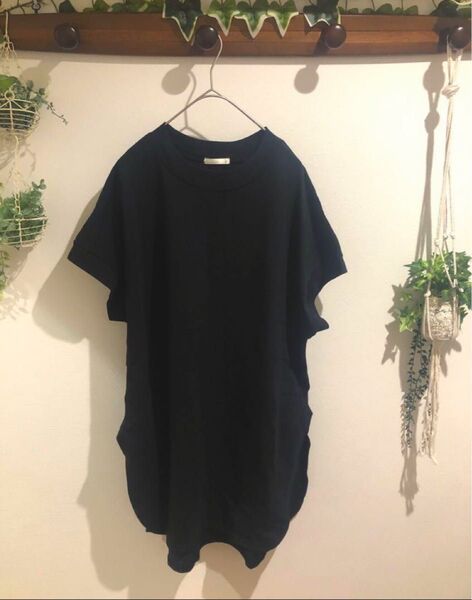 タグ付き☆綿100%フレンチスリーブチュニックTシャツ Lサイズ ブラック 半袖