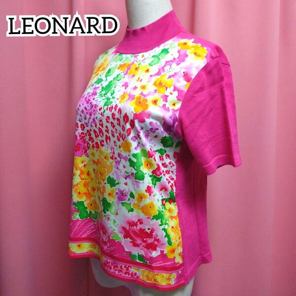 LEONARD/レオナール/半袖サマーニット/サマーセーター/タートルネック/トップス/フラワープリント/薔薇
