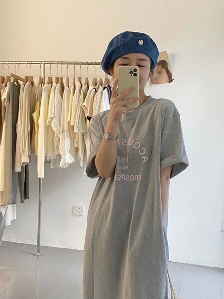 半袖 ワンピース グレー Lサイズ ゆったりサイズ 大きめチュニック シンプル マタニティ 婦人服 妊婦服 体型カバー 韓国