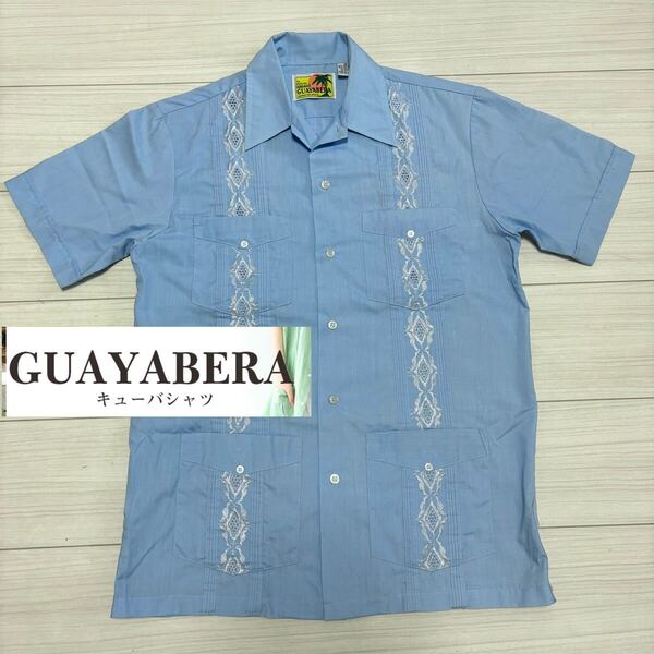 GUAYABERA グアヤベラ■刺繍 ピンタック キューバ シャツ アロハ S ブルー 00s 半袖 オープンカラー ボタンスリット ヴィンテージ オールド