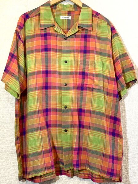 TETE HOMME☆オープンカラーシャツ☆チェック☆好配色☆ビッグシルエット☆サイズ☆日本製☆テットオム☆定価14,000円☆緑赤柿☆XL