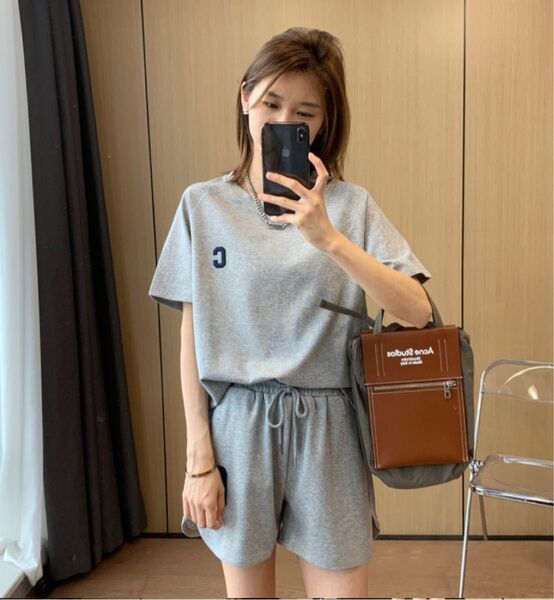 レディース スウェット セットアップ ルームウェア 半袖 Tシャツ ショートパンツ ウエストゴム グレー ロゴ free size