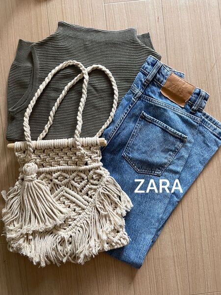 ZARA デニム カギ編みバッグ ノースリーブニット
