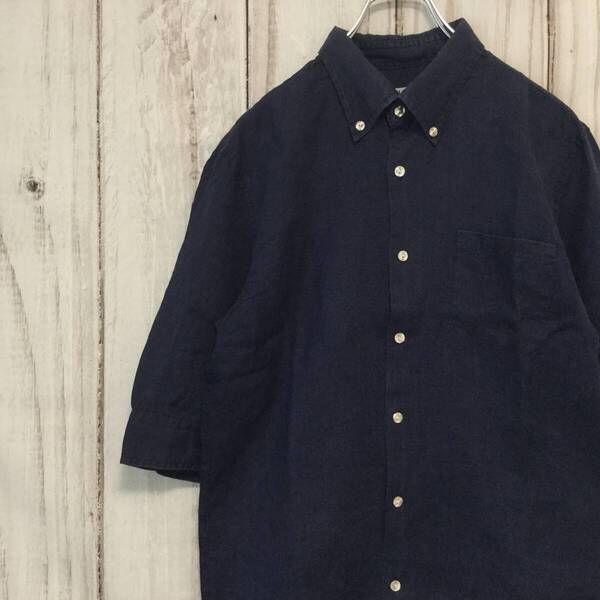 【90s キャサリンハムネットロンドン 麻100% 半袖オープンカラーシャツ】リネン 刺繍 開襟シャツ M KATHARINE HAMNETT LONDON XL ネイビー