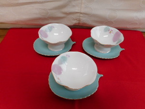 和風デザート小鉢＆皿セット　花柄小鉢　葉型皿　3セット　足付きカップ　陶器　未使用品