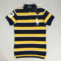 【新品】Polo Ralph Lauren ラルフローレン ビッグロゴ ポニー ポロシャツ XSサイズ CUSTOM FIT ボーダー ネイビー イエロー ホワイト 半袖_画像1