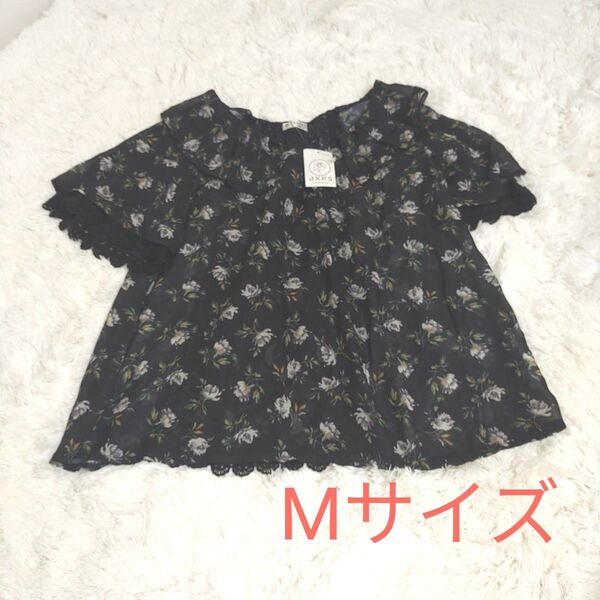 axes femme アクシーズファム 花柄 ブラウス 黒 シフォン レース 新品 タグ付き トップス カットソー