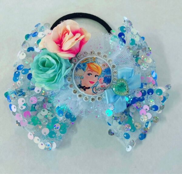 キッズリボン ヘアゴム シンデレラ ディズニープリンセス キラキラ スパンコールリボン 夏 ヘアアクセ ヘアアクセサリー