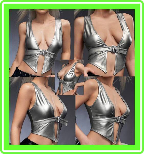 ♥超素敵★バスト周辺を美しく魅せる★キャミトップ★タンクトップ★フェイクレザー★大人可愛い★キュート♥Y192W