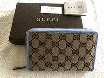 ☆ 新品！グッチ GUCCI ロゴ GG柄 2つ折り財布 ライトブルー×ベージュ☆イタリア購入_画像1