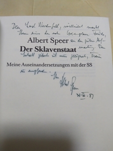 即決・極稀★【ヒトラー・ナチス第三帝国軍需大臣】アルベルト・シュペーアALBERT SPEER 死去の年ペン長文献呈署名入“奴隷国家”1981年