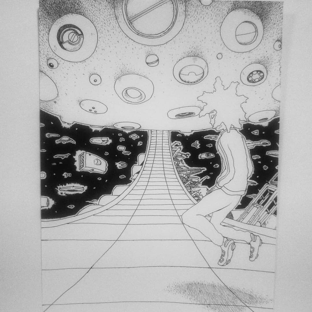 Original illustration★Hand-drawn illustration★Handmade★Welcome to space★Interior painting SF spaceship black and white self-made monochrome analog art original picture, comics, anime goods, hand drawn illustration