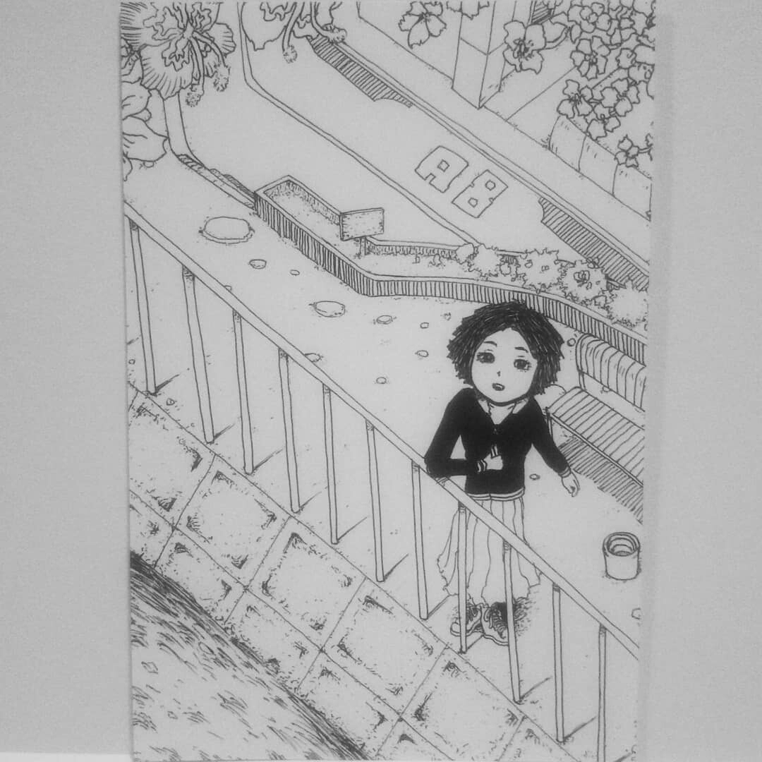 Original illustration★Hand-drawn illustration★Self-made★ Riverside flower girl handmade picture black and white monochrome black and white analog art original picture interior, comics, anime goods, hand drawn illustration