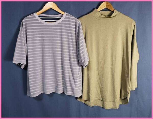 TSET‐332☆春夏☆新品☆送料込み☆即決☆ナチュラル系☆ポリエステルと綿☆2枚セット☆M~Lサイズ☆Tシャツ☆グレー系とカーキ