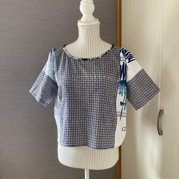 【浴衣リメイク】あやめ柄 浴衣パッチワーク ゆったりサイズのTシャツ型ブラウス