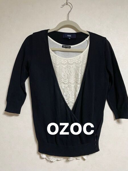 (株)ワールド OZOC カシュクール 中袖 ニット 黒無地 M 飾りボタン ブラック