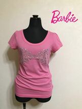 Barbie バービー ラインストーン カットソー Tシャツ トップス サイズM 半袖 ピンク 日本製_画像1