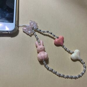 ビーズストラップ20 ピンクうさぎ ピンクハート 白ハート