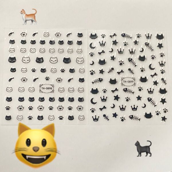 かわいい猫のネイルシール2枚セット 黒猫 白猫 ネイルアート おしゃれ 夏休み