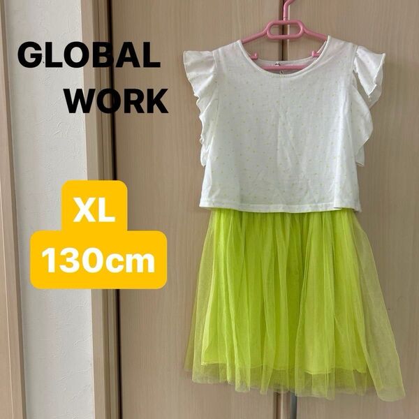 【GLOBAL WORK 】(USED) 黄色 ドット柄 ノースリーブ肩フリル チュールワンピース セットアップ風 XL(130)