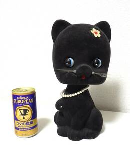 ☆レア☆希少☆昭和レトロ 大きな BIG フロッキー加工 くろねこ クロネコ 黒猫 ぽっちゃりネコちゃん 貯金箱 お花 全長約24.5cm 首振り