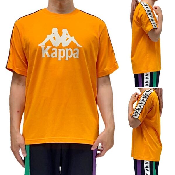 中古 Kappa カッパ アダムとイヴ三角座り OMINI オミニ ブランドロゴ 袖 スリーブ BANDA ライン テープ 定番ベーシック Tシャツ オレンジ M
