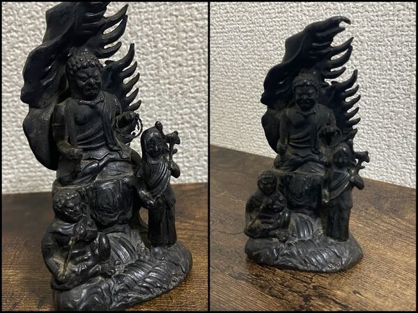 仏教美術 時代 縁起物 不動明王像 二童子像付 成田山 酉年 煩悩退散 厄除け仏像 金属工芸 アンティーク