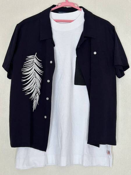 美品 MADE TO HEART REAL MASTERS ショート丈 フェザー刺繍 オープンカラーシャツ L