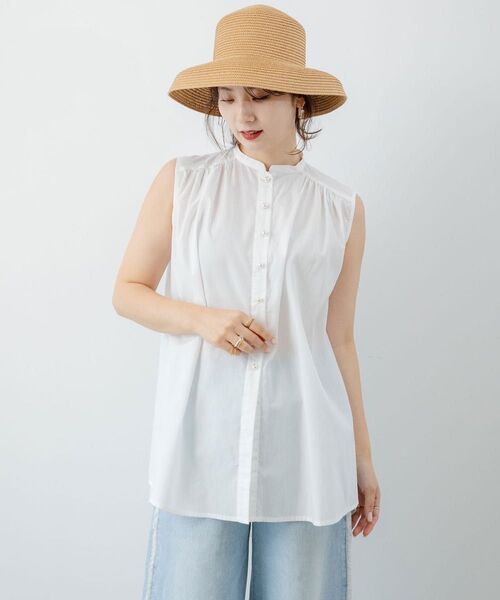 新品 ラシェグラマー 大人可愛い オフィスカジュアル サマートップス パールボタンギャザーブラウス ノースリーブ チュニック 白色